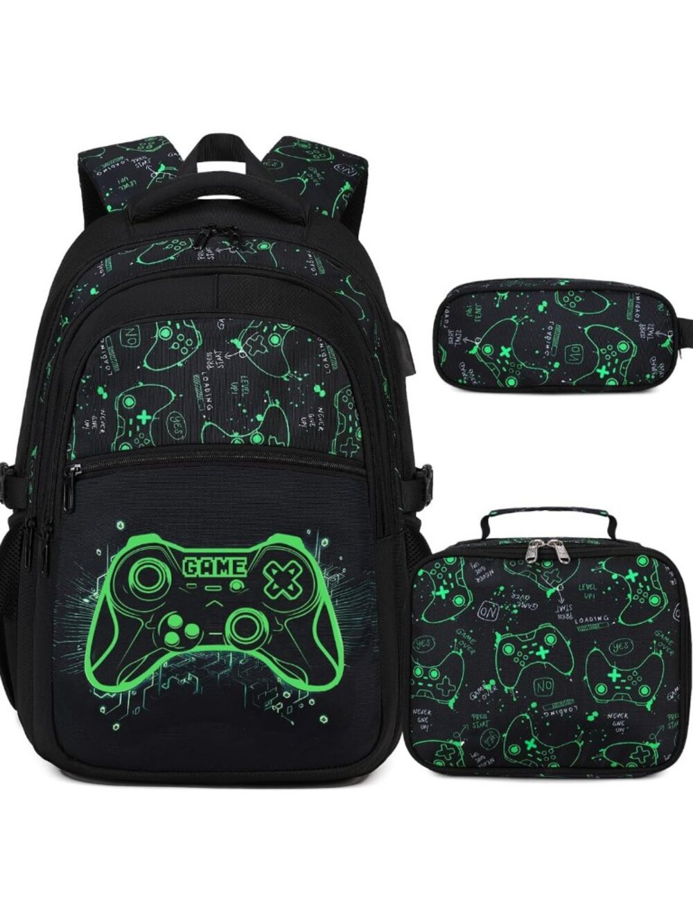 Luminous Gamer Boys Backpack for School with Matching Lunch Box - Stylish